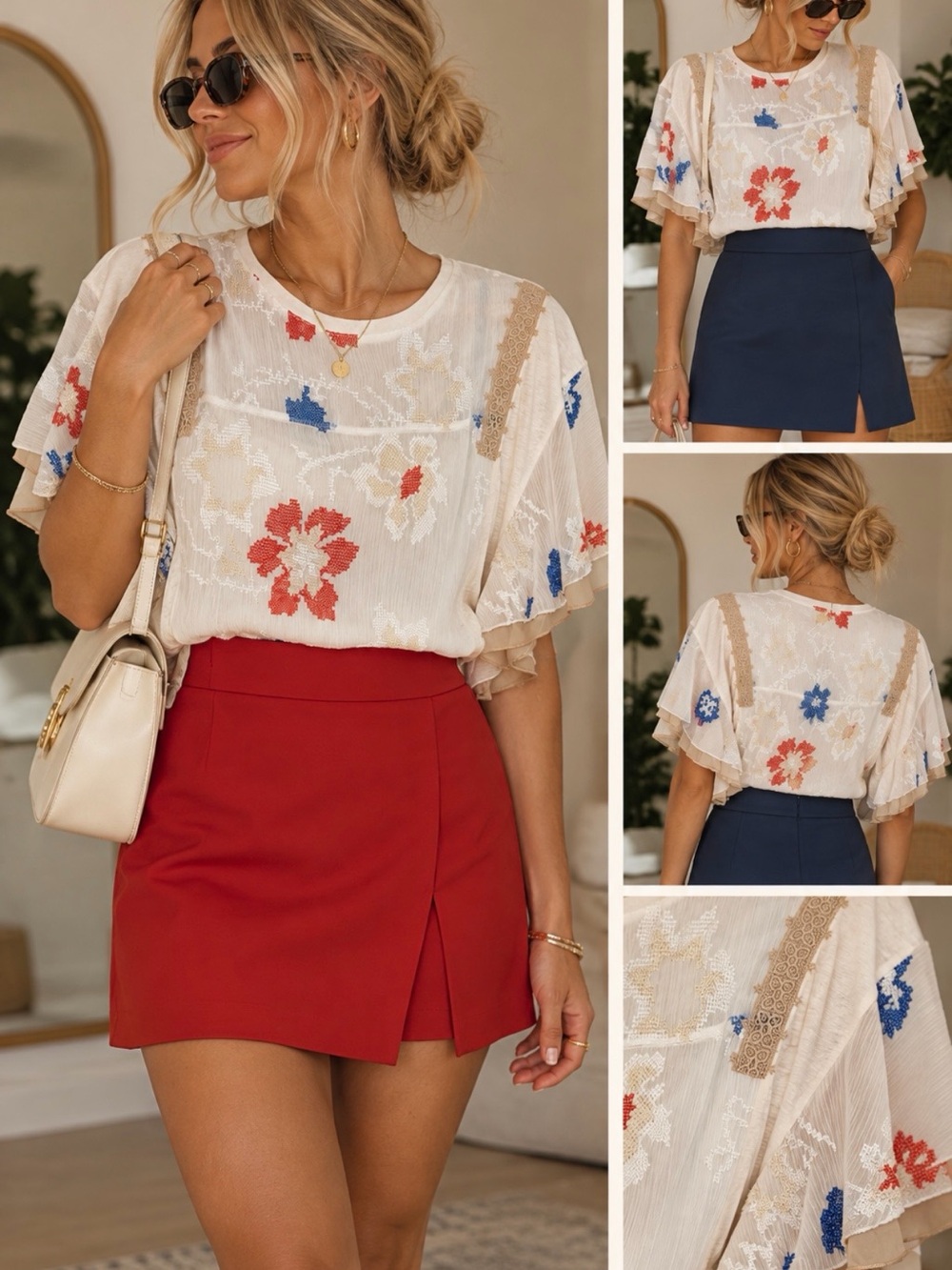 Embroidered White Floral Flutter Sleeve Blouse